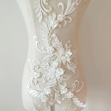 Lace Trim, Blossom Flower Applique, Beaded Sequins Flower LACE Patch Bridal Wedding Dress Embossed Beading Embroidery lace Appliques Motif Sewing Craft White