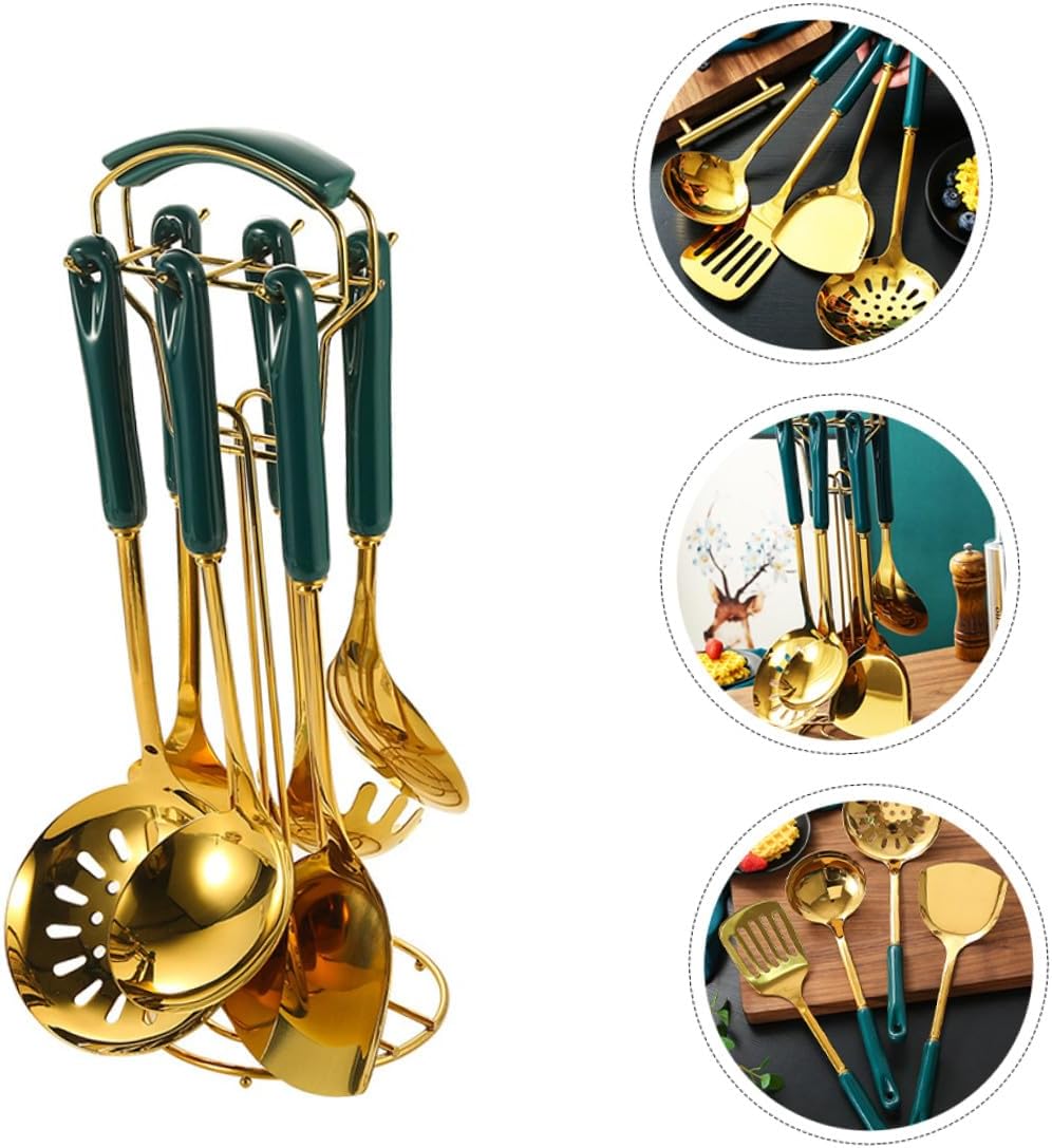 BESPORTBLE Ceramic Handle Stainless Steel Kitchen Utensils Heat-resistant Cooking Tools with Hook Design for Non-stick Pans and Easy Storage in Home Kitchen