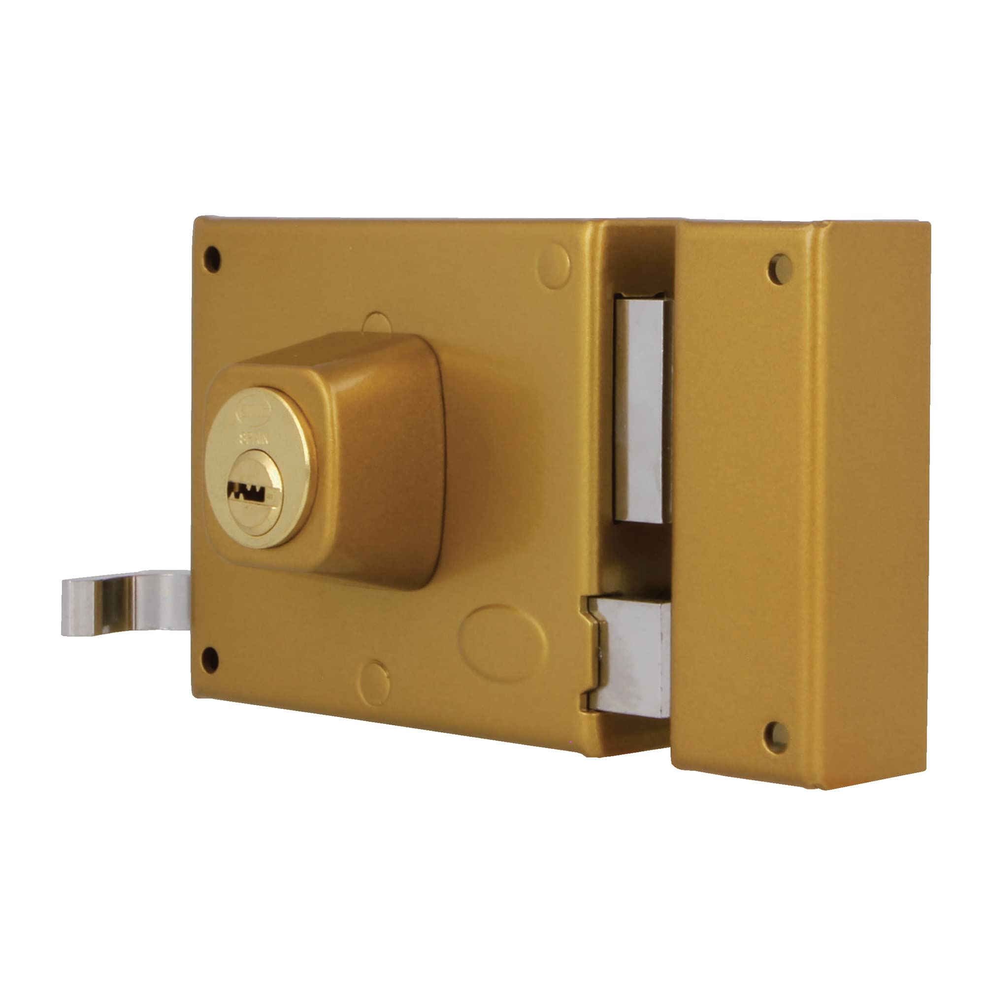 Amig - Verrou de suralimentation droite avec levier de fermeture, languette et poignée pour porte en bois Mod. 73 | 100 x 85 mm | Loquet avec cylindre Europrofilé | Acier doré