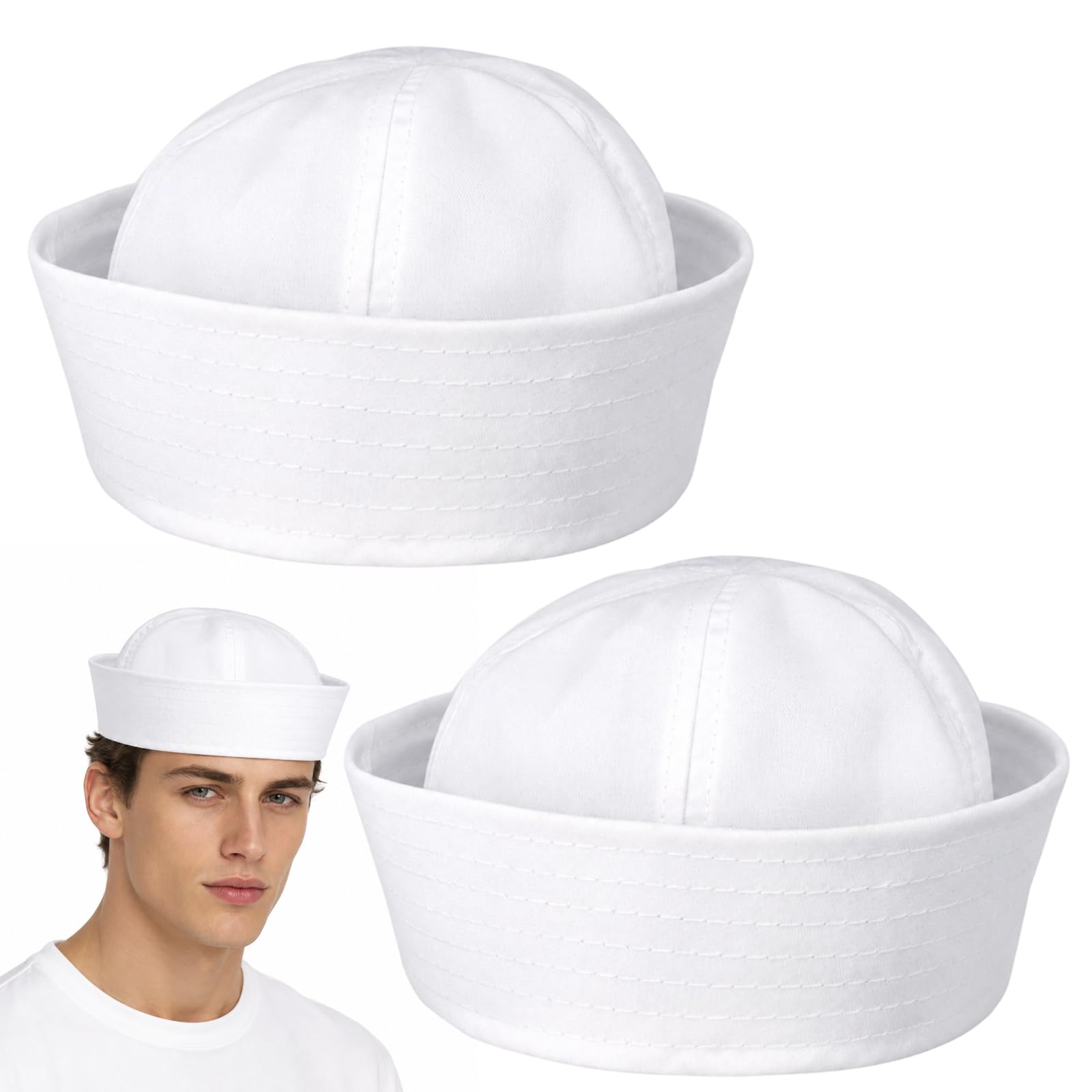 2-Pack White Sailor Hat Costume Accessories for Adults, Classic Sailors Hats for Nautical Theme Parties, Cosplay and Fancy Dress Events with 56 cm Head Circumference and 29 cm by 8 cm Dimensions