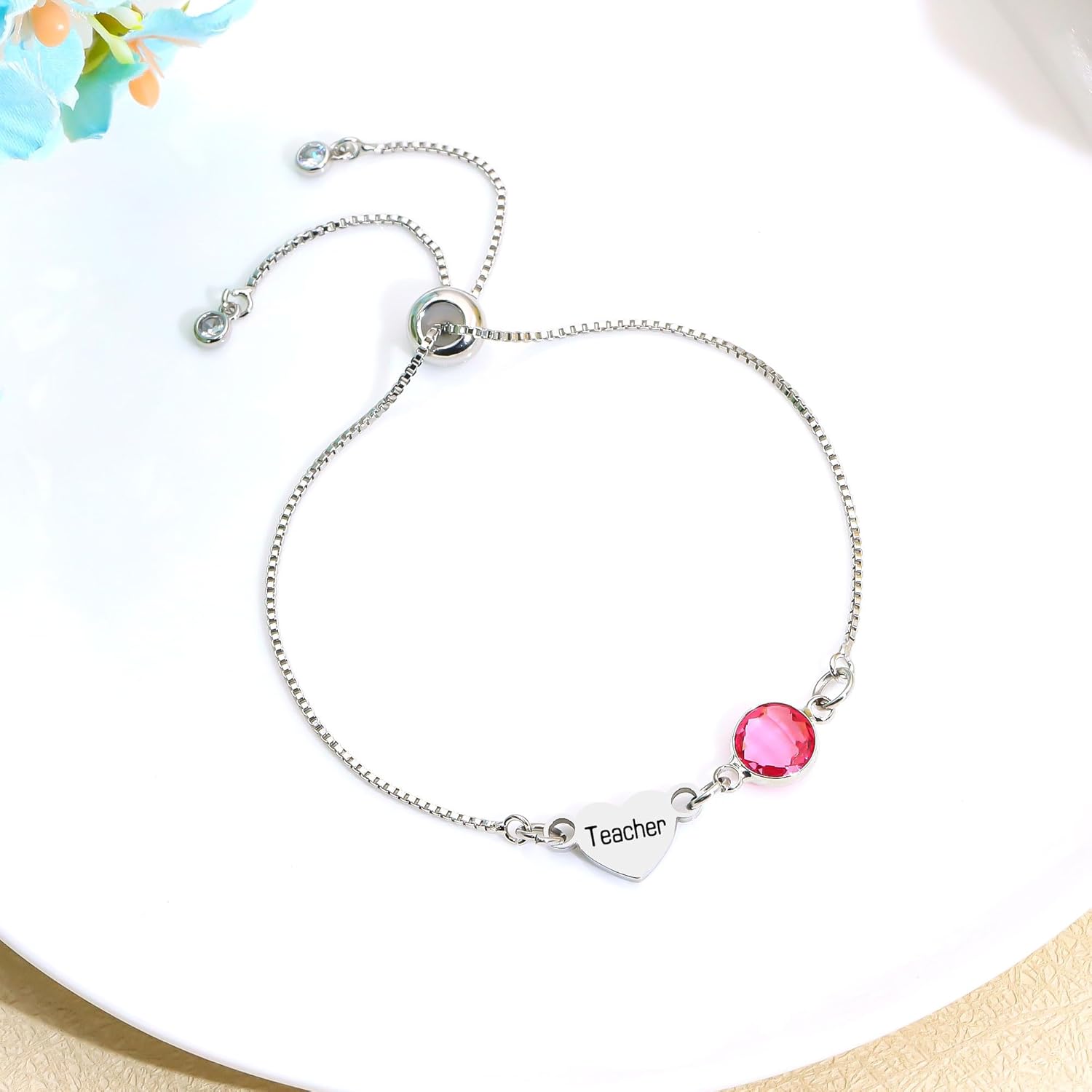 Silver Link Bracelet with Pink Crystal and 'Sister' Heart Charm Dainty Bracelet for Women Sister Friend Family Birthday Valentines Wedding Gifts - Image 3