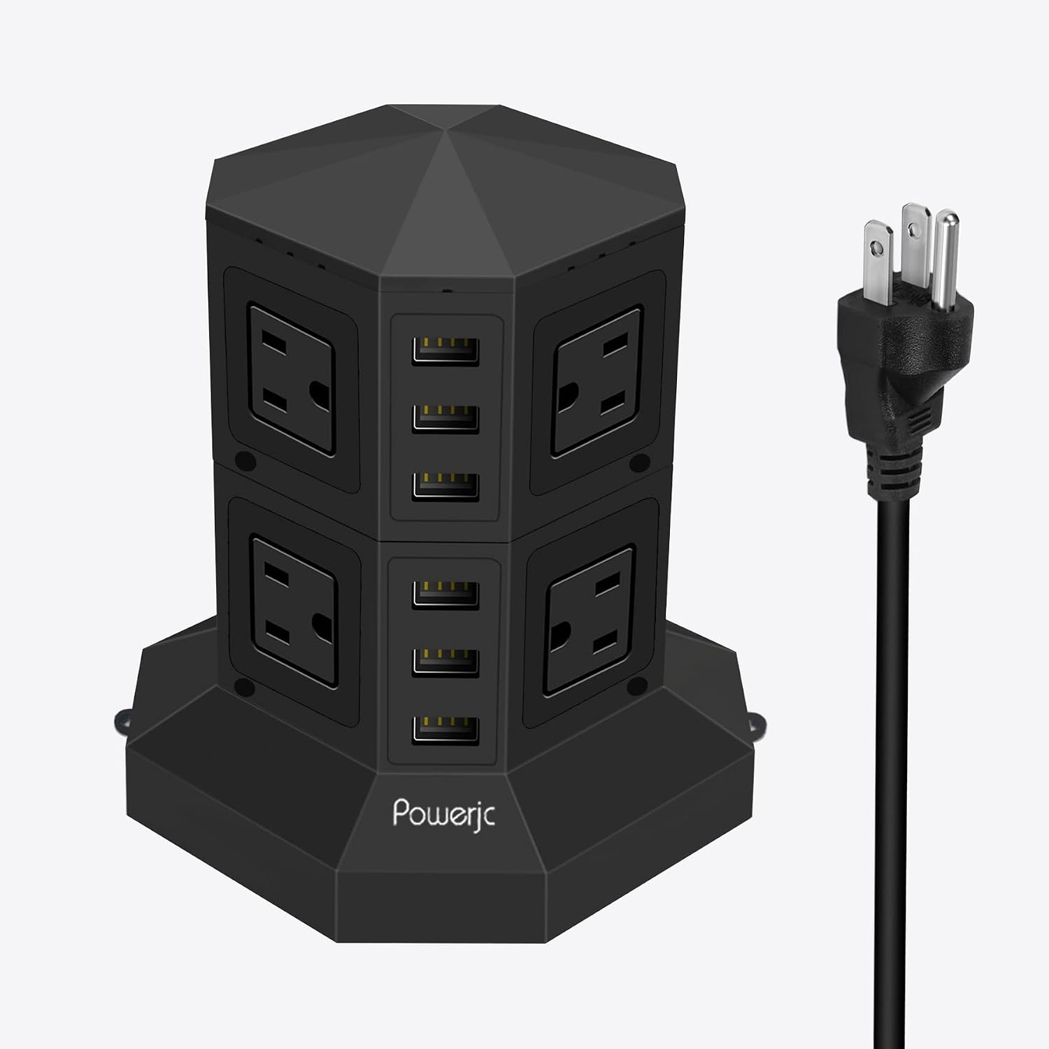 Powerjc Tower Power Strip Surge Protector Socket 8 AC Outlets with Smart 6 USB Ports Chargers 10 Feet Long Extension Cord Indoor