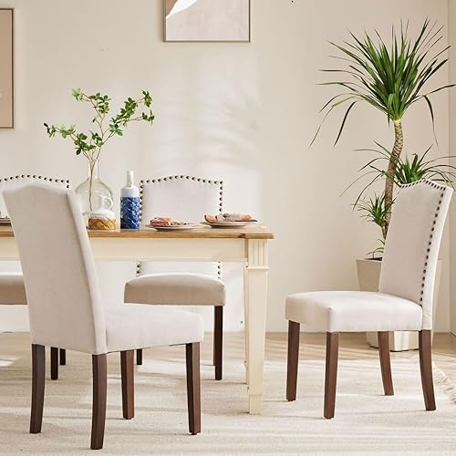 Miniatura 2 de Juego de 2 sillas de cocina modernas tapizadas de tela con ribete de clavos y soporte lumbar ergonómico para sala de estar y comedor rústico de