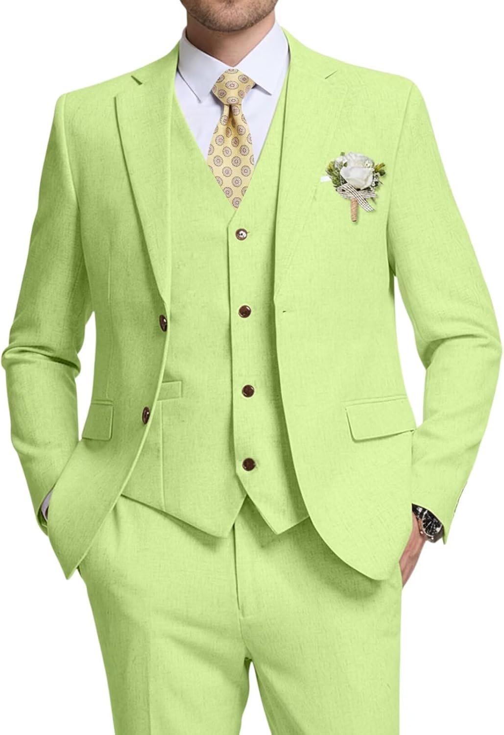 High-End Suits Retro Linen Suit for Men Casual Wedding Suit for Men Slim Fit 3 Pieces Jacket Blazer Vest Pant Groom Tuxedo