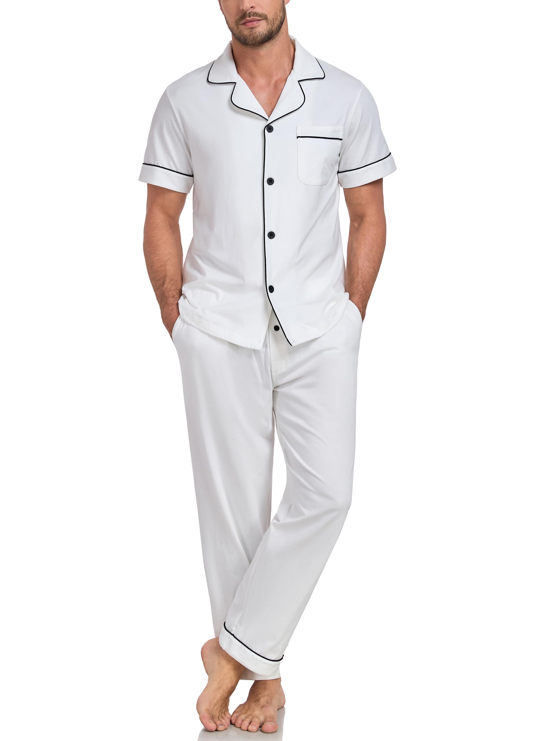 EA'S SECRET Mens Pajamas Set 100% Cotton Soft Button Pajamas for Men Short Sleeve Sleepwear 2 Piece Lounge Pjs Sets