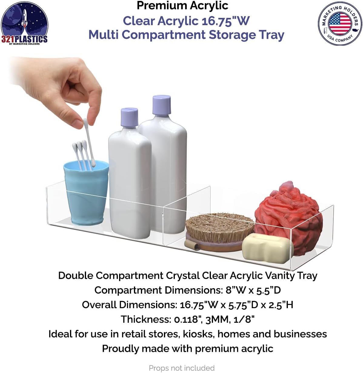 2 Pack Display Tray 2 Compartment Clear Acrylic 16.75" x 5.75" Rectangular Cosmetic Organizer for Retail Merchandise Makeup Lotion Bottles and Beauty Products by Marketing Holders