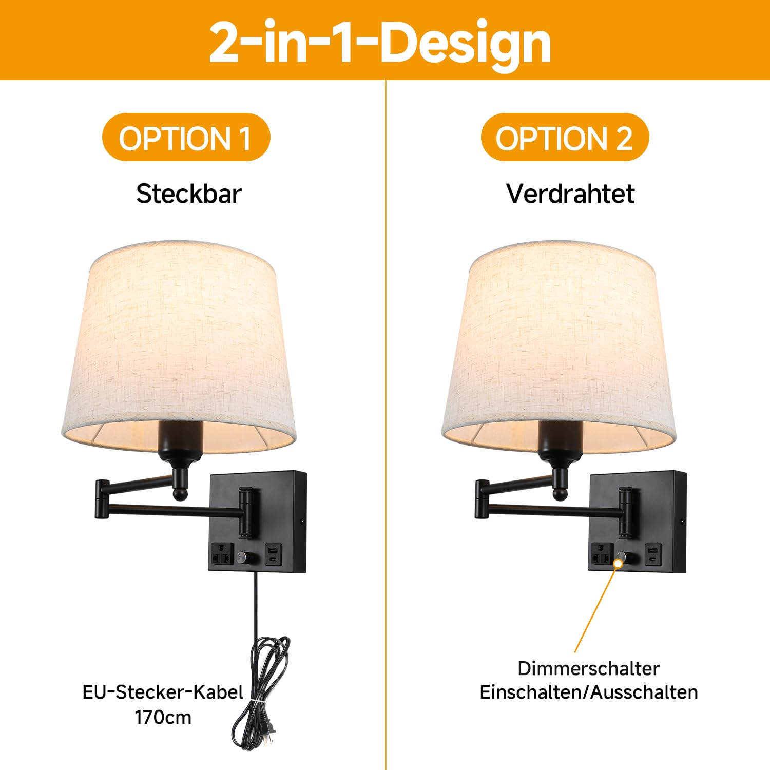 Obrotowa lampa ścienna z abażurem, porty ładowania USB-A i USB-C, zintegrowane gniazdko, ściemniacz obrotowy, lampka do czytania wtykowego, regulowana do łóżka, sypialni, hotelu