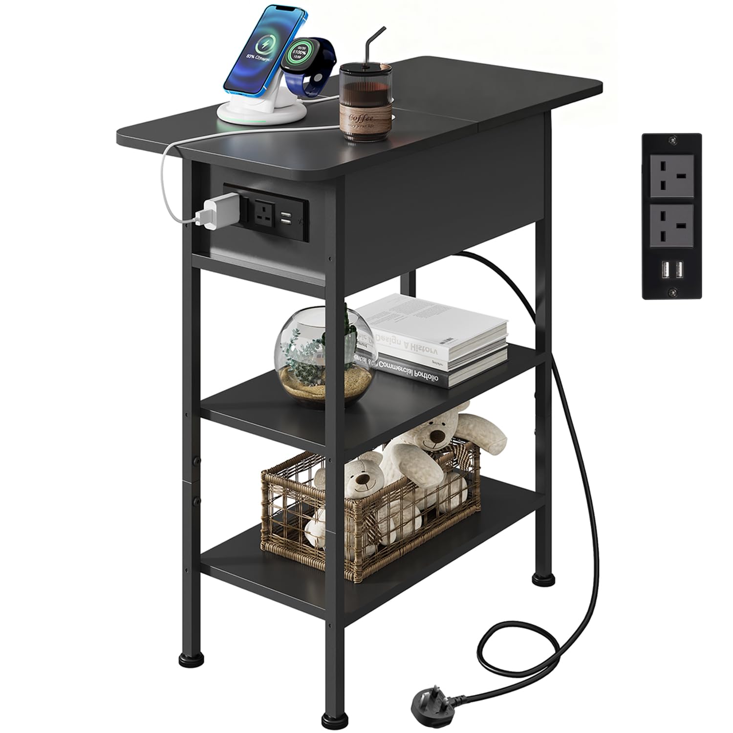 WLIVE Side Table with Charging Station, 3-Tier End Table with Drawer, Slim Bed Side Table with Flip Top, USB Ports and Outlets for Living Room, Bedroom, 30x60x62cm, Black