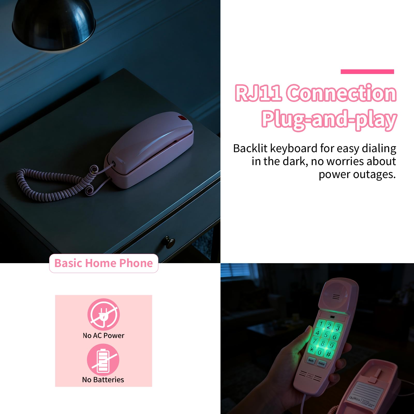 Różowy telefon stacjonarny zainspirowany telefonem księżniczki w stylu lat 90. z głośnym dzwonkiem 110DB+, retro telefon ścienny nie wymaga zasilania, różowy telefon przewodowy dla dzieci/seniorów