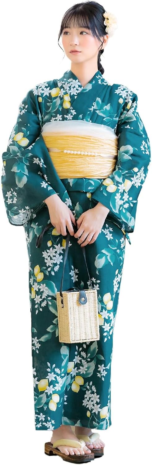 古典しじら織 浴衣 綿 粋な夏着物 縞柄 献上帯 半幅帯白 2点 0820⑨