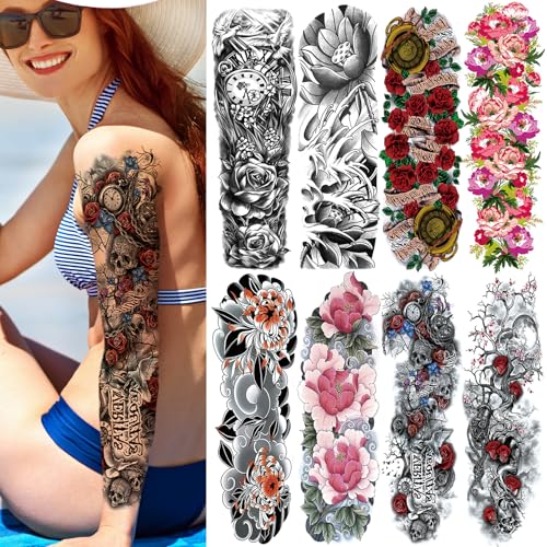 Full Arm Temporary Tattoo Sleeve for Women 8 Sheets, Flora Tattoos Temporary, Fake Tattoos That Look Real for BBQ Pool Beach Party