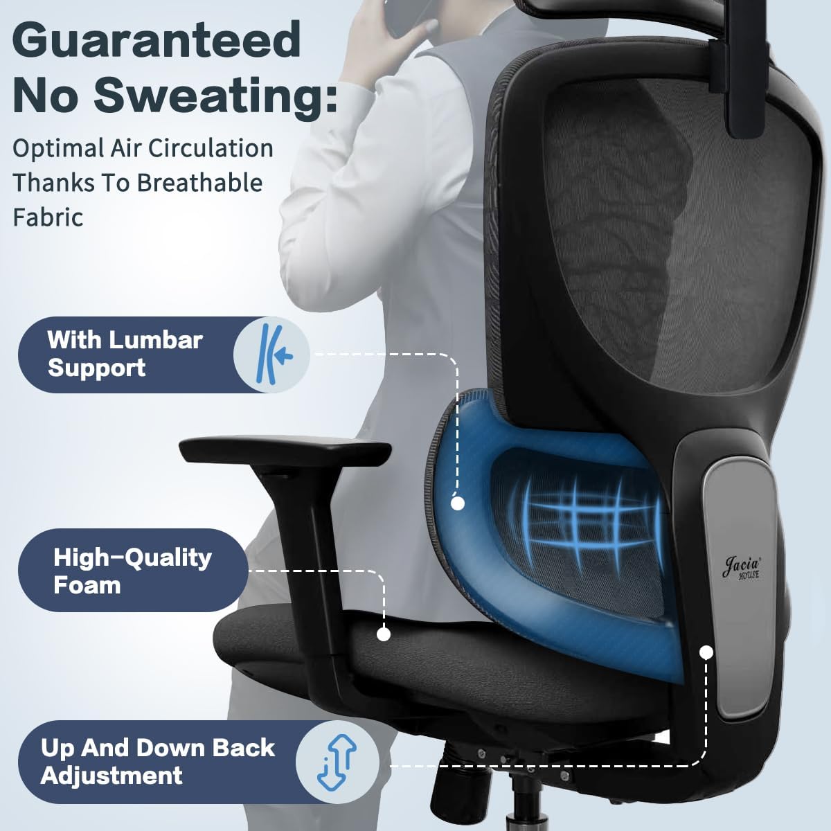 Jacia House TSCA Certified Ergonomic Mesh Office Chair, Big Tall Gaming Chair Adjustable Lumbar Support, 4D Armrests, 2D Headrest, 135° Reclining Rolling Swivel Desk Chairs with Seat Lock 600lb