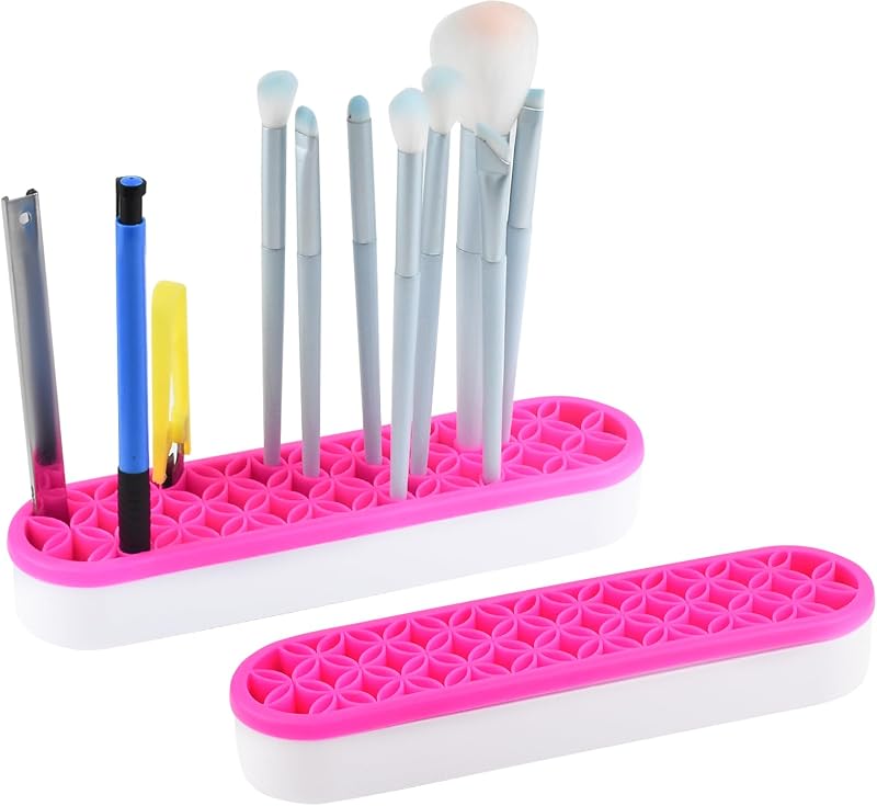 2 PCS Multi-Purpose Cosmetic Storage Box, Desktop Organizers Silicone Make Up Brush Storage Stand Desktop Storage Box for Brush,Pencil,Art Supplies (Rose Pink)
