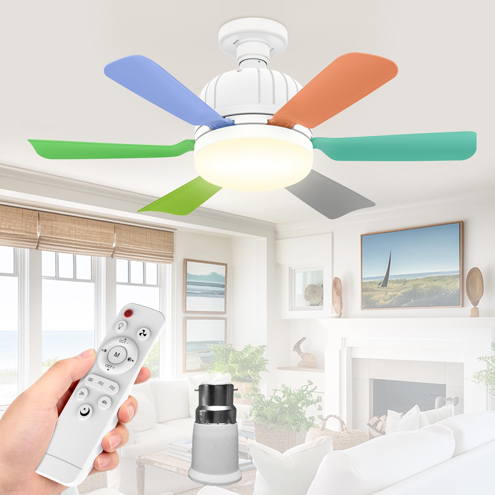 OIWERH 46cm E27/B22 Ceiling Fan Light Bulb Bayonet Fitting, Ceiling Fans with Lights and Remote, Ceiling Fans Lights Dimmable, Ceilings Lamp with 3 Speeds Timing, 6 Blades