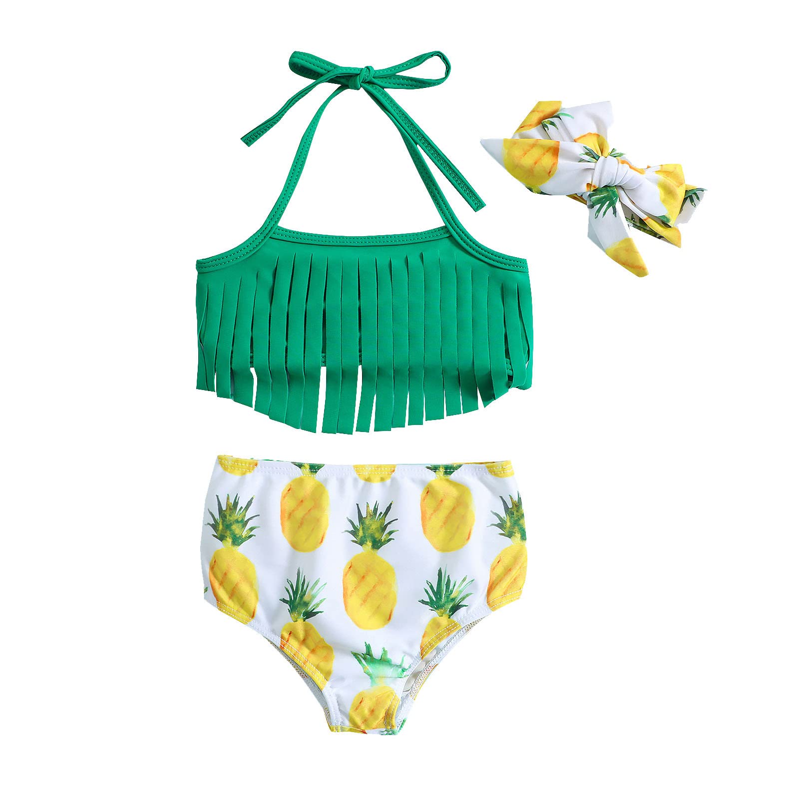 Generisch Tankini Niñas Verano Niño Niña Bowknot Piña Estampados Borla Traje de Baño de Tres Piezas Bikini Diadema Set