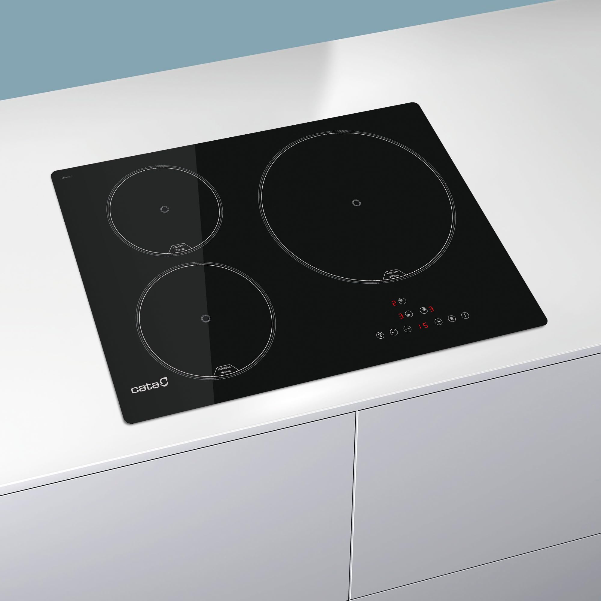 CATA Placa de Inducción IB 5003 BK, 60cm, 3 Zonas de Cocción, Control táctil, Avisador acústico, 9 niveles de Potencia + Booster, Temporizador, Color Negro