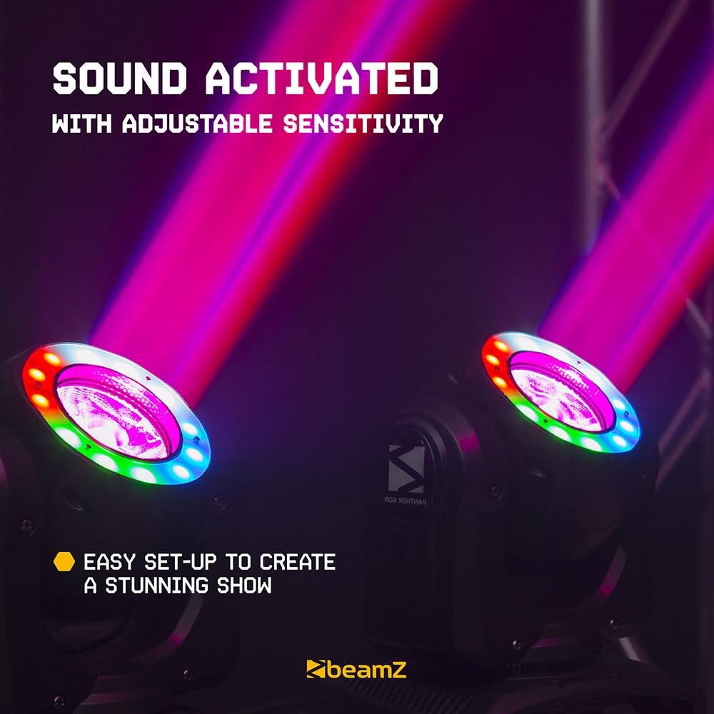 BeamZ Panther 60R Cabeza móvil RGBW con anillo LED RGB, 60 vatios, iluminación de escenario, DMX, sistema de iluminación al ritmo de la música, sistema de iluminación para DJ - Color negro