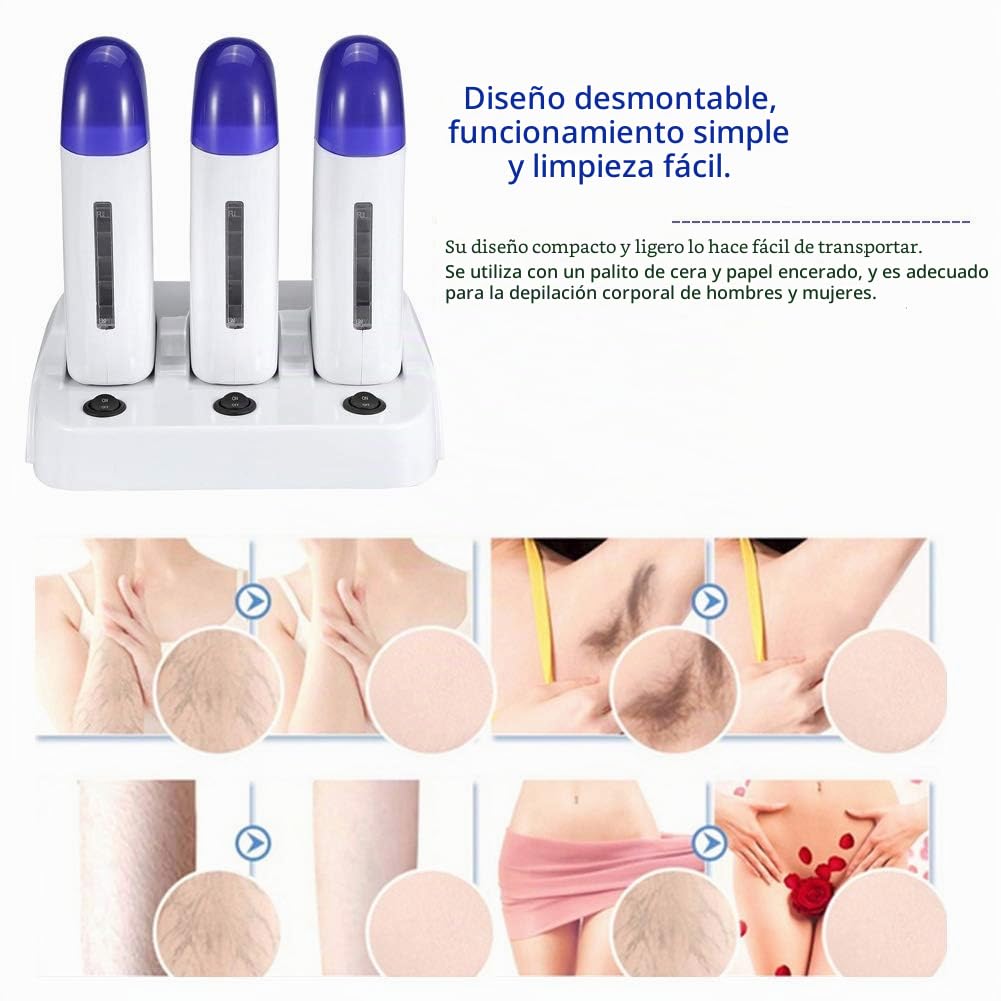 Triple - Calentador de cera para depilación profesional roll on dispositivo, cartuchos de cera depilación