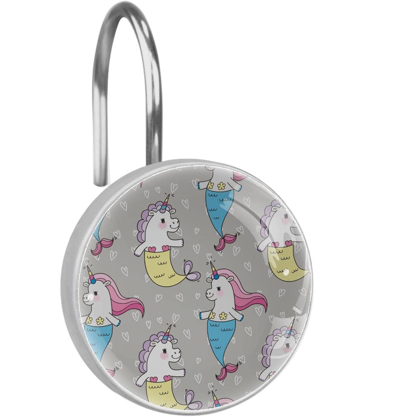 Rideaux et doublures de douche : 12 anneaux gris à motif cœur et licorne