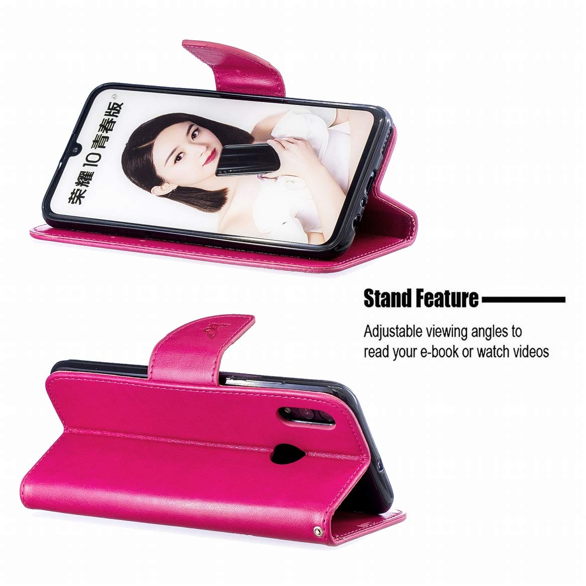 KANVOOS Custodia per Huawei P Smart 2019, in pelle PU, pieghevole, antiurto, con scomparto per carte di credito (rosa