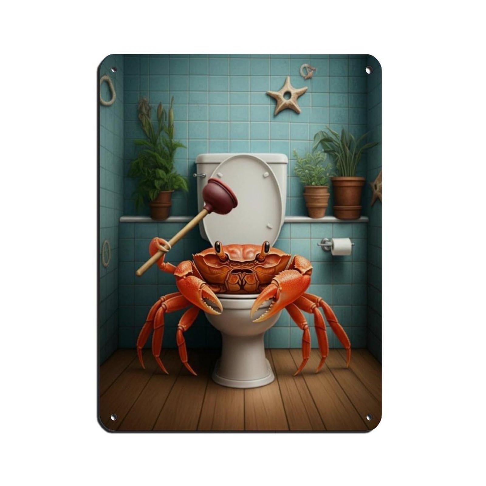 Red Crab on Toilet, Plumber with Plunger Poster Retro Poster Metal Tin Sign Chic Art Retro Iron Painting Bar People Cave Cafe Family Garage Poster Wall Decoration 12x16inch(30x40cm)