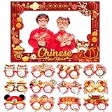 HOWAF Chinese New Year Decorations 2025 Photo Booth Props Kit,1pcs Chinese New Year Photo Frame with 12pcs Chinese New Year Paper Glasses for Spring Festival Decorations, Year of The Snake Eyeglasses