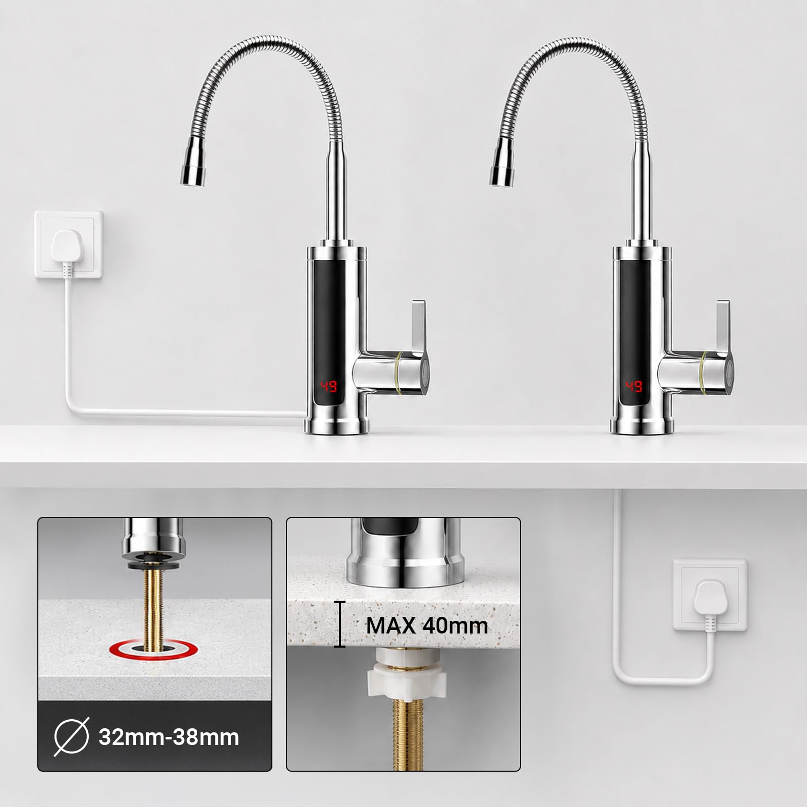 Grifo con Calentador de Agua Instantaneo, Grifo Eléctrico con Calentador de Agua Instantáneo, Grifo Calentador de Agua Instantáneo LED Giratorio 360°, Grifo Eléctrico 220V 3000W