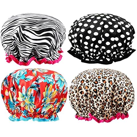 Lakifmo Shower Cap 4 Pack, Luxury Double Layer Silky Satin Shower Caps for Women Long Hair, Large Waterproof Shower Cap Men, Reusable Bath Shower Hat for Kids Cover