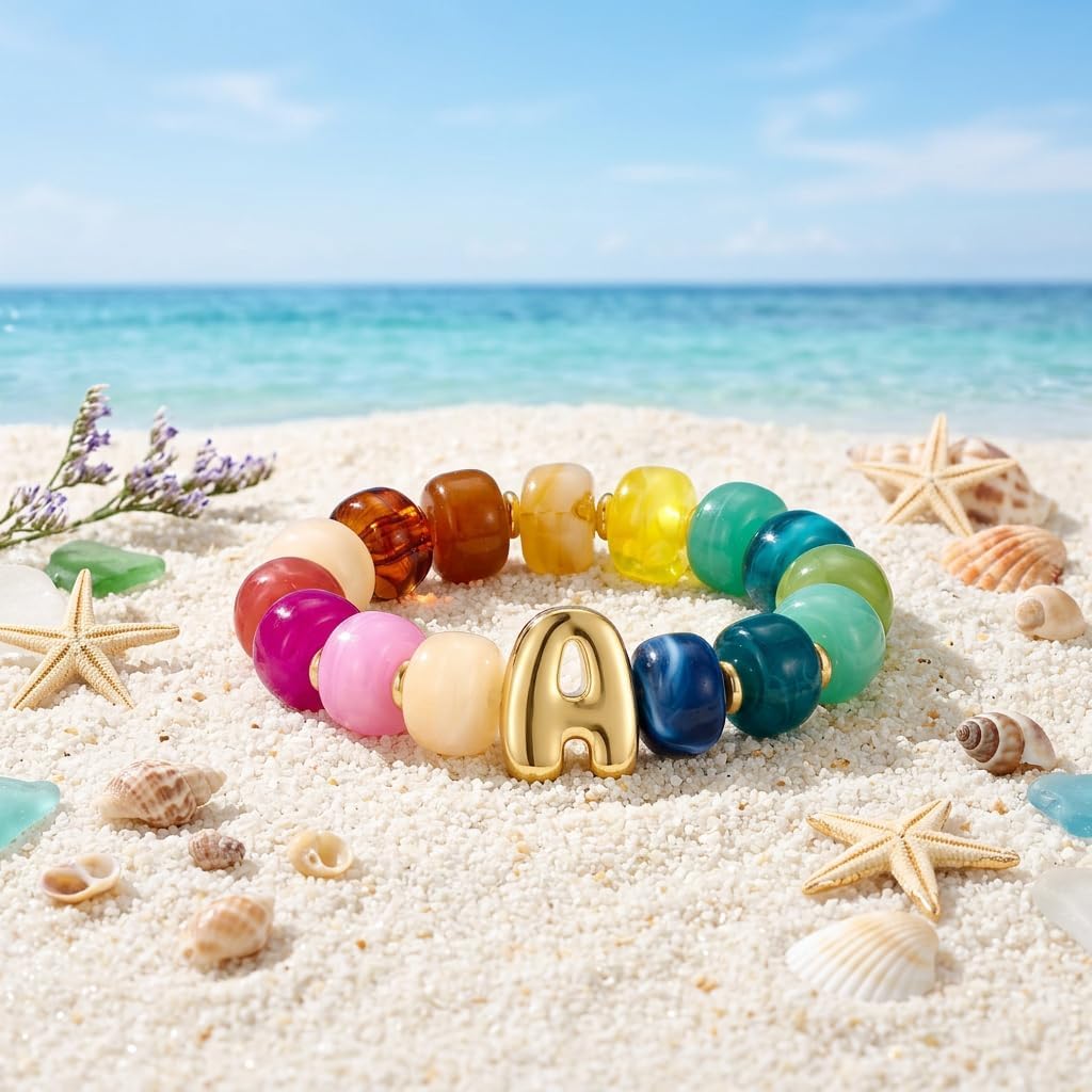 Bubble Initial Chunky Beaded Bracelet for Women Colorful Resin Bead Trendy Statement Big Stretch Bracelets Summer Beach Boho Charm Jewelry Cute Gifts for Women image 5