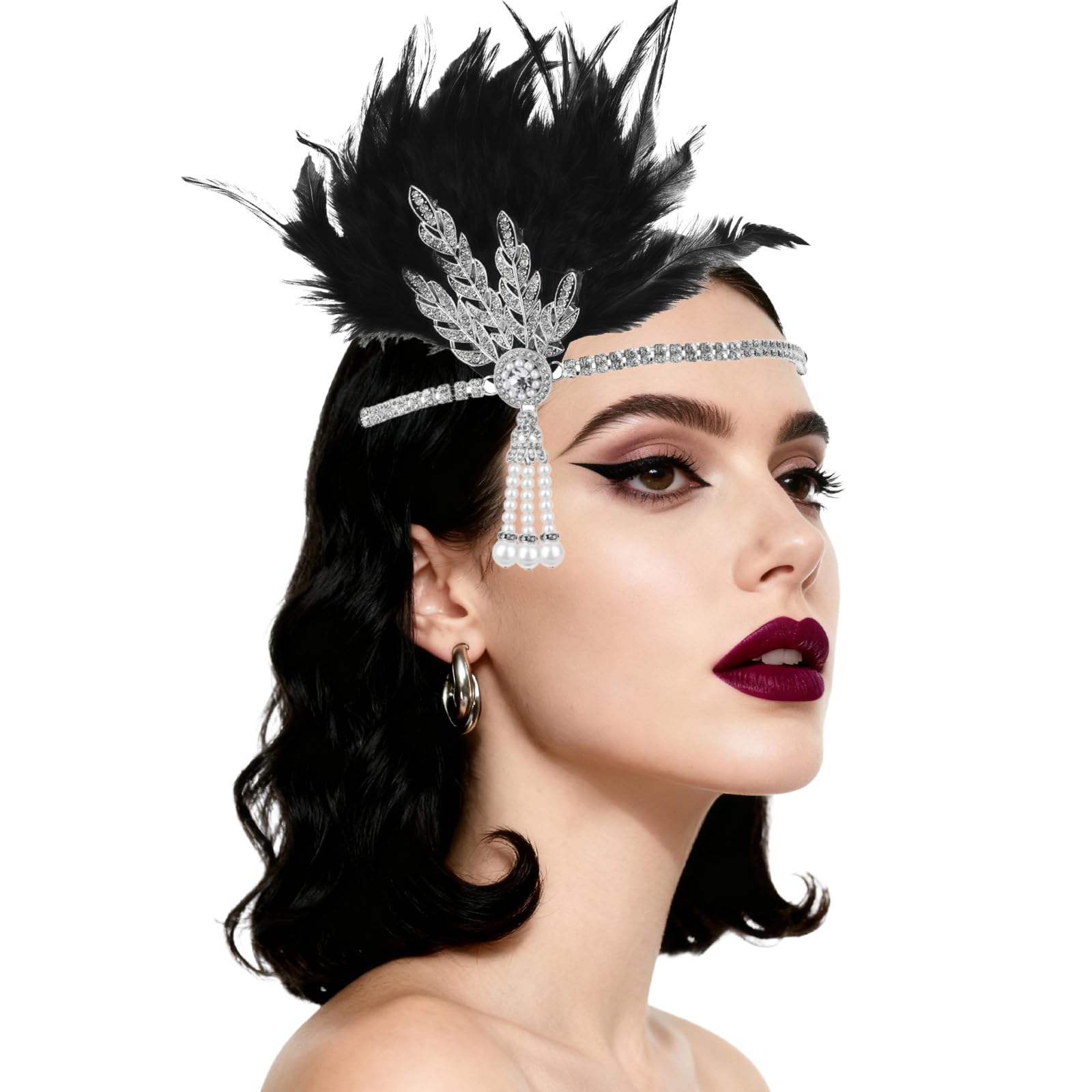 1920s Great Gatsby Accessories Headband Flapper Headpiece Women Gatsby Headband Feather Headpiece Vintage Themed Party Halloween Costume Roaring Fascinator Flapper Girl Hat Silver Leaves Pearl Tassel - Image 4
