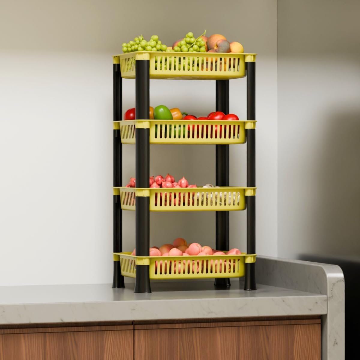Multipurpose Plastic Storage Rack for Kitchen, Onion Potato Sabji, Fruit Corner Storage Stand Basket, Folding Rack, Kitchen Trolley Rack, Countertop Kitchen Organizer Cart (4 Layer, Ivory)
