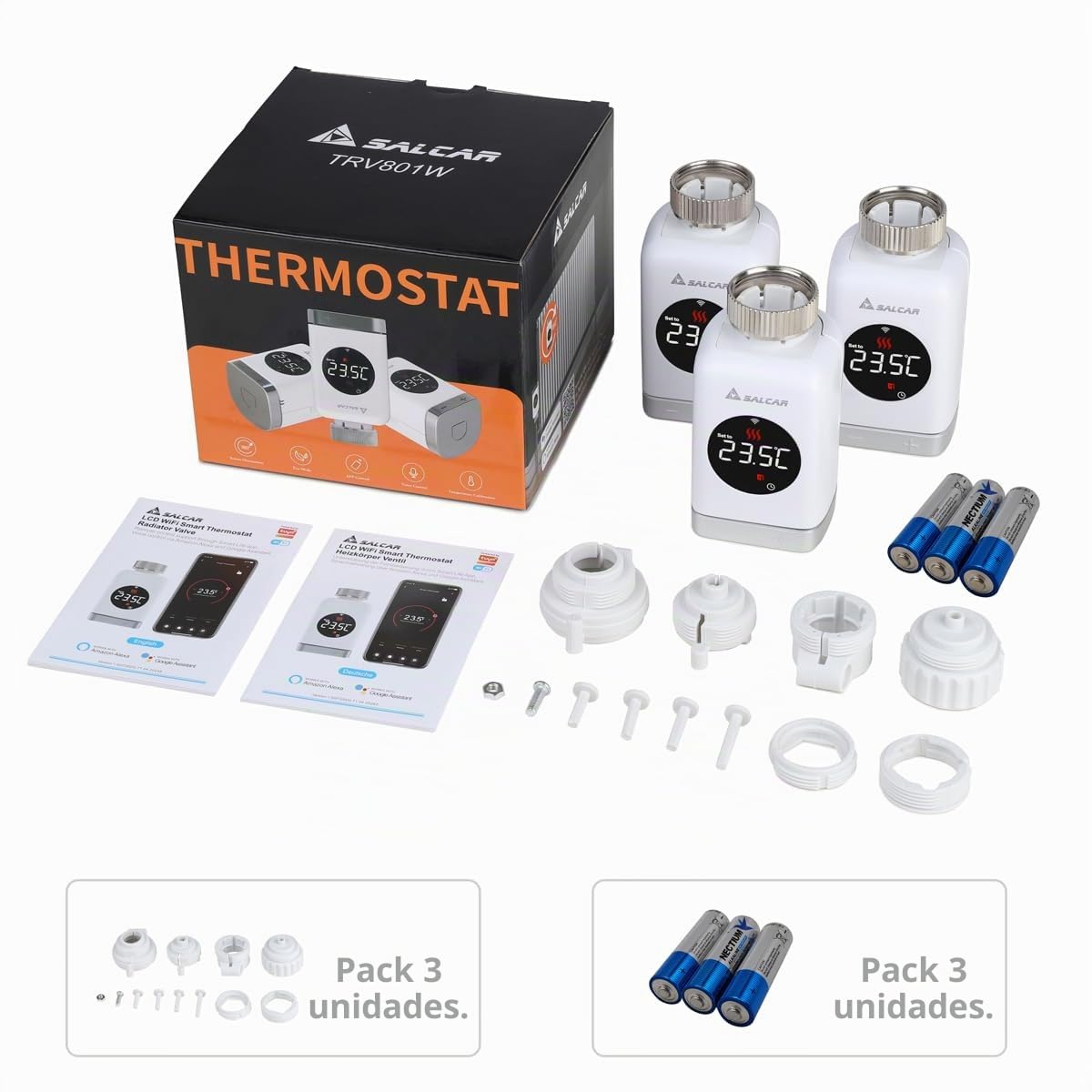 SALCAR Pack de 3 Cabezal Termostático TRV801W WiFi Termostato Calefaccion Compatible con Amazon Alexa & Google Assistant Programable Tuya Termostato para Radiador sin Puerta de Enlace Adicional