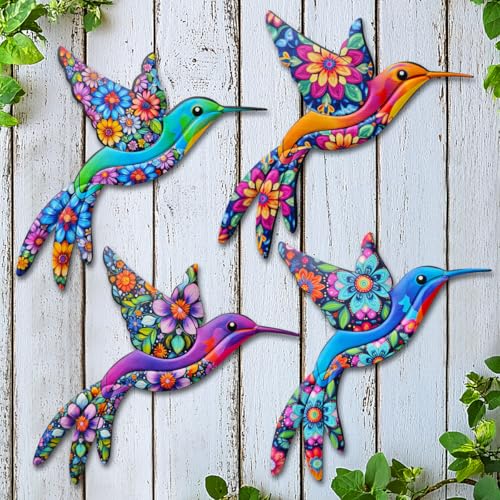 VOKPROOF Metal Hummingbird Wall Decor,Outdoor Fence Birds Art Decoration,Hanging Decorations for Garden,Yard,Patio Balcony,Great Gifts for Family Friends(4 Pack)