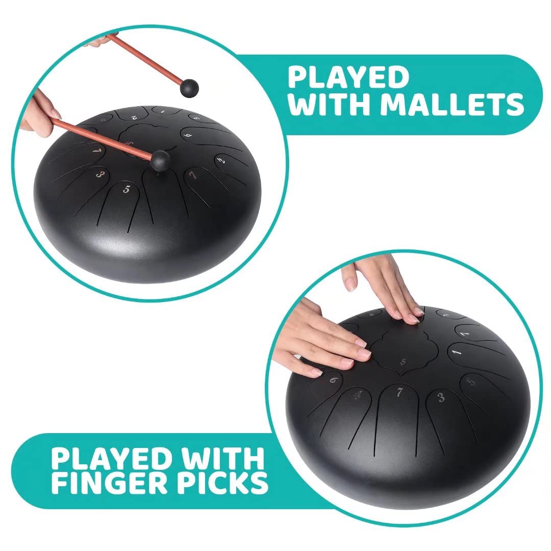 Tambor de Lengua de Acero, 12 Pulgadas 13 Tonos Instrumento De Percusión, con Baquetas, Instrucciones (idioma español no garantizado), Pegatinas, Púas de Dedo y Bolsa de Transporte Negro