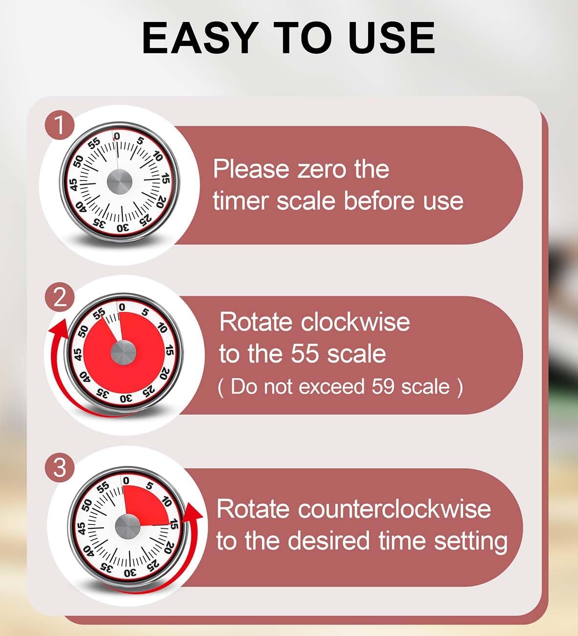 Kitchen Timer for Cooking, Chef Cooking Timer Clock with Loud Alarm,100% Mechanical Desk Timer, No Batteries Required, Magnetic Stand Back, Exquisite Stainless Steel Body Countdown Reminder -Red