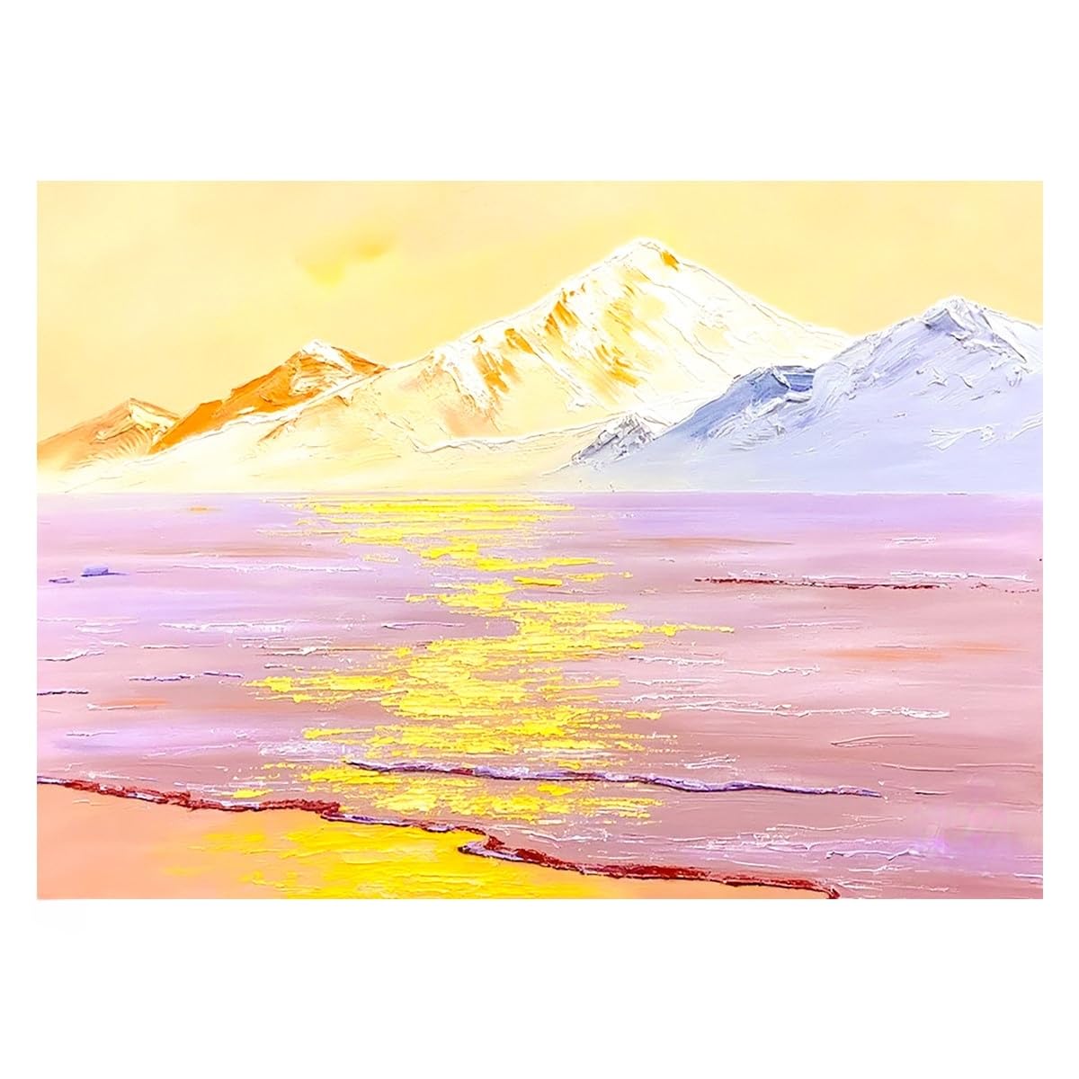 LCDIUDIU Colorful Textured Hand Painted Sunrise Sunset Lake Landscape Oil Painting Abstract Snow Mountain Reflective Water Wall Art Unframed Artwork Wall Decor for Living Room Office 80X120Cm(32X48I