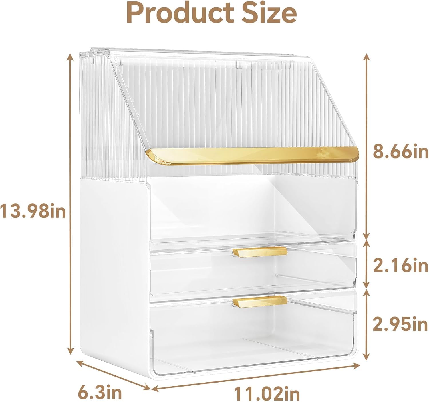 Kousee Organizer per trucchi, 3 strati, grande capacità, espositore per cosmetici con 2 cassetti, organizer per cosmetici per bancone del bagno, piano di lavoro per vanità, camera da letto, bianco