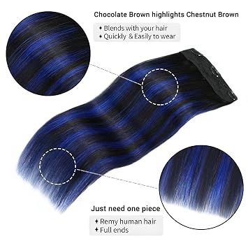 Hair Extensions Real Human Hair - One Piece Blue Balayage Remy Hair Extensions Clip on 70gram for Women (14inch, 1BTBlueP1B)