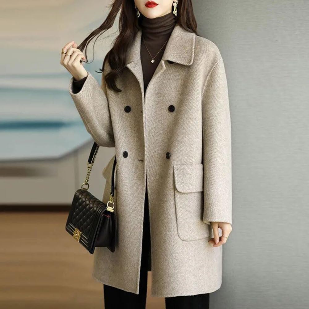 BININBOX Women's Casual Thicken Double Breasted Pea Coat Mid Long Wool Coats with Pockets Women Mid Peacoat
