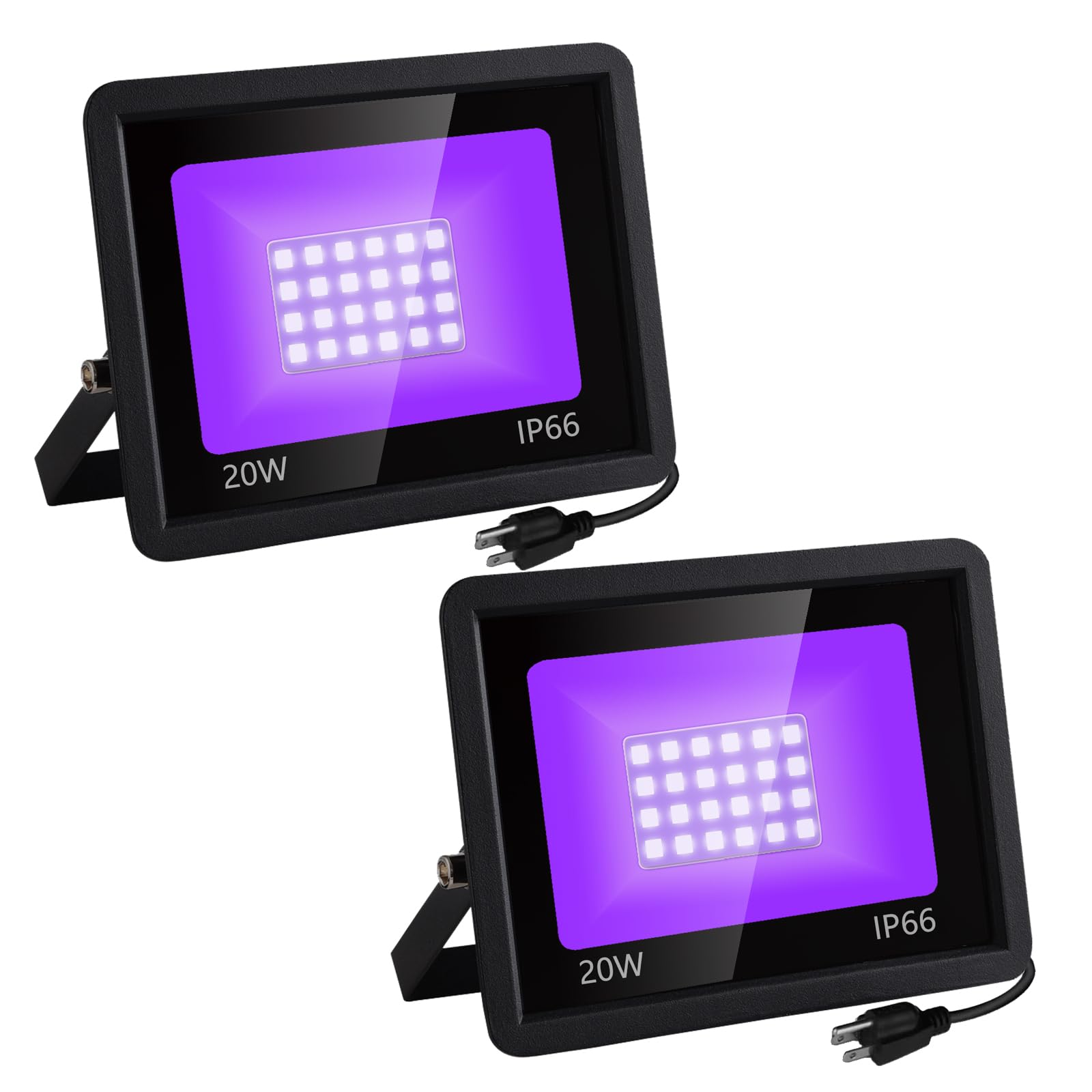 Gosle 2 Pack 20W Black Light, floodlight Black Light, 1.5m Power Plug with Switch, Suitable for Parties, Halloween Bars, Decorative Stages, Outdoor UV Light IP66 Waterproof (2)