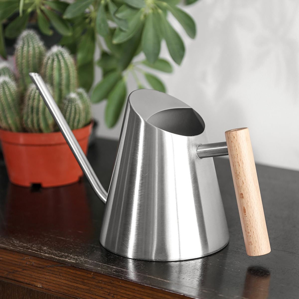 CALLARON Annaffiatoio per Piante da Interno in Acciaio Inox 900ml con Beccuccio e Manico in Legno Ergonomico, Annaffiatore Compatto per Giardino e Balcone, Vaso D'acqua Resistente
