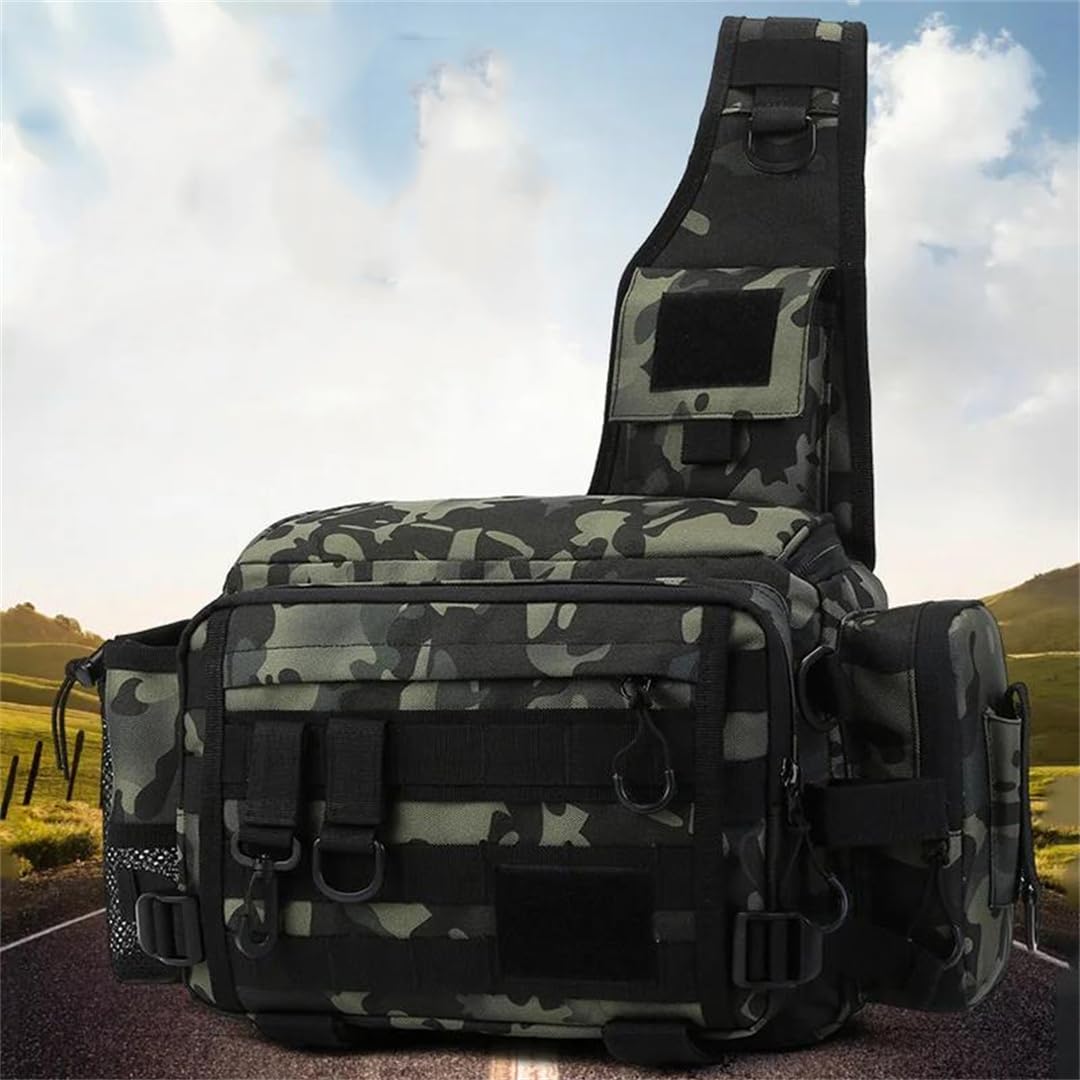 Suwequest Borsa da pesca con esche multifunzione Marsupio per canna da pesca Borsa a tracolla Borsa per attrezzi da pesca, Nero Camo Plus