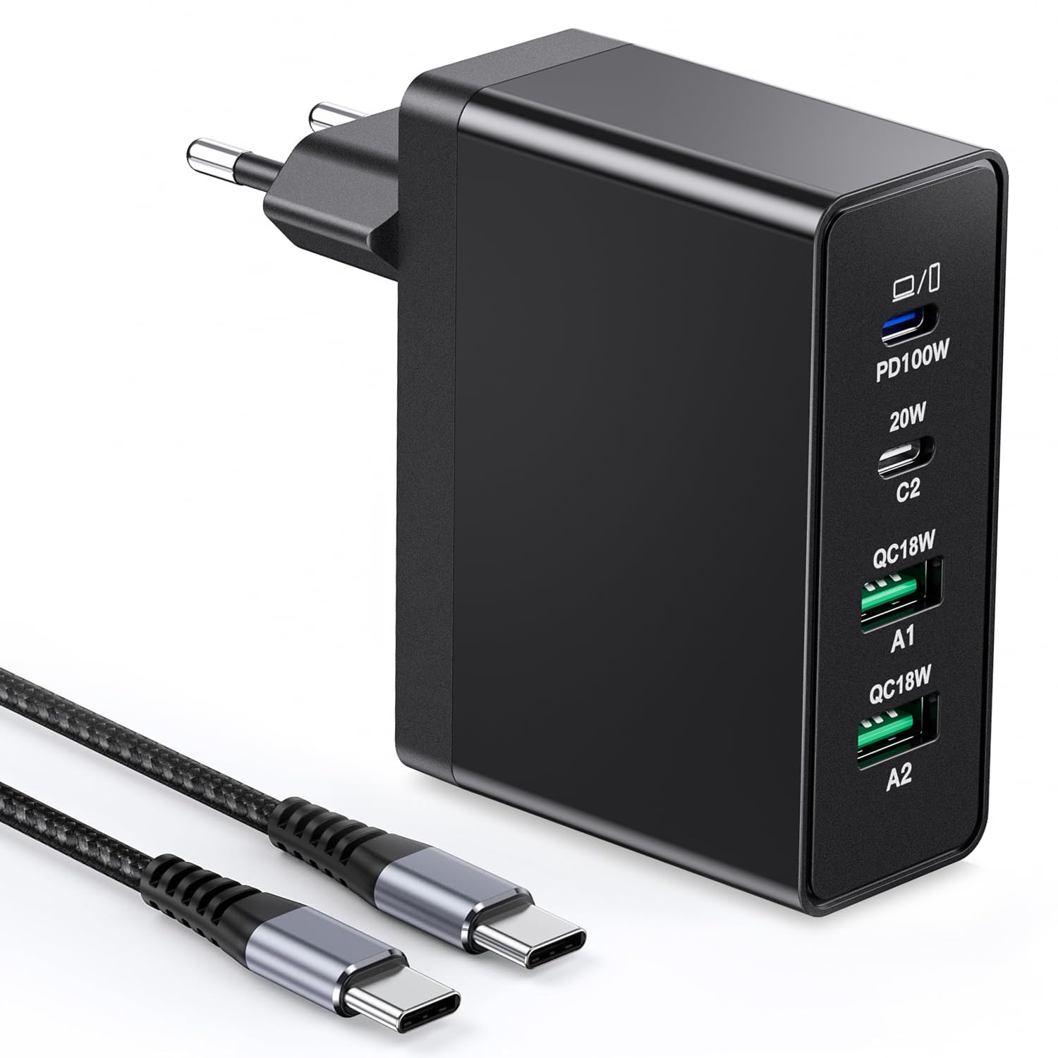 USB C Ladegerät 140W GaN, 4-Port Schnellladegerät Stecker Ladestation 100W Laptop Power Adapter Multiple USB C Ladegerät Kompatibel mit MacBook Pro/Air/iPhone 15/16/Samsung/Tablet/Laptop/Mobile