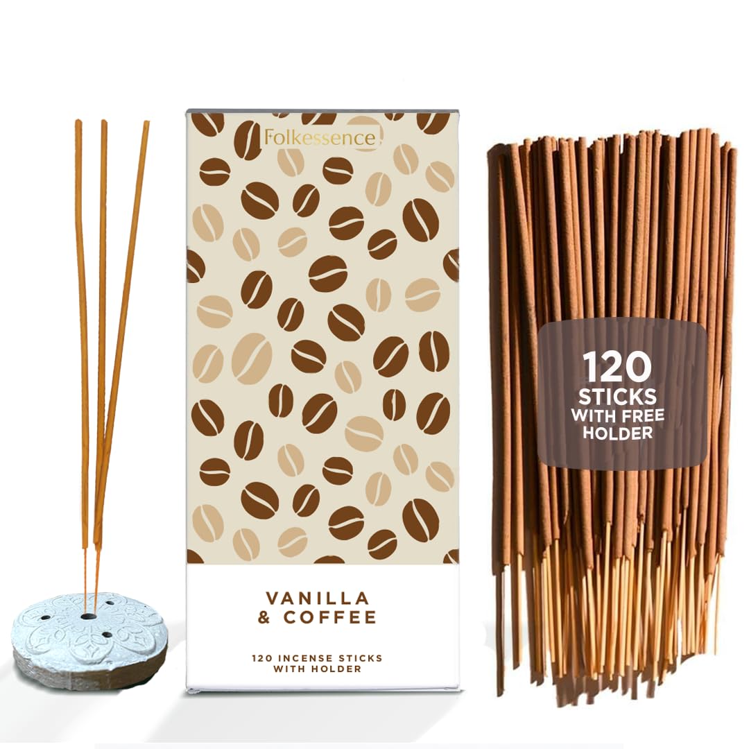 Folkulture Incense Sticks | Set of 120 Insence-sticks With Holder for Relaxation | Vanilla & Coffee Incense| Organic, Slow Burning & Non Toxic Inscents | Bakery Inspired Sweet Fragrances
