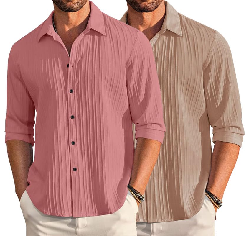 Image of DEELMO Combo of Men's Casual Button Down Shirts Long Sleeve Linen Shirt Fashion Textured Summer Shirts Pack of 2
