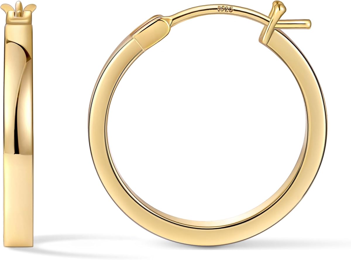 Hoop Earrings for Women, 14K Gold Plated Flat Hoops
