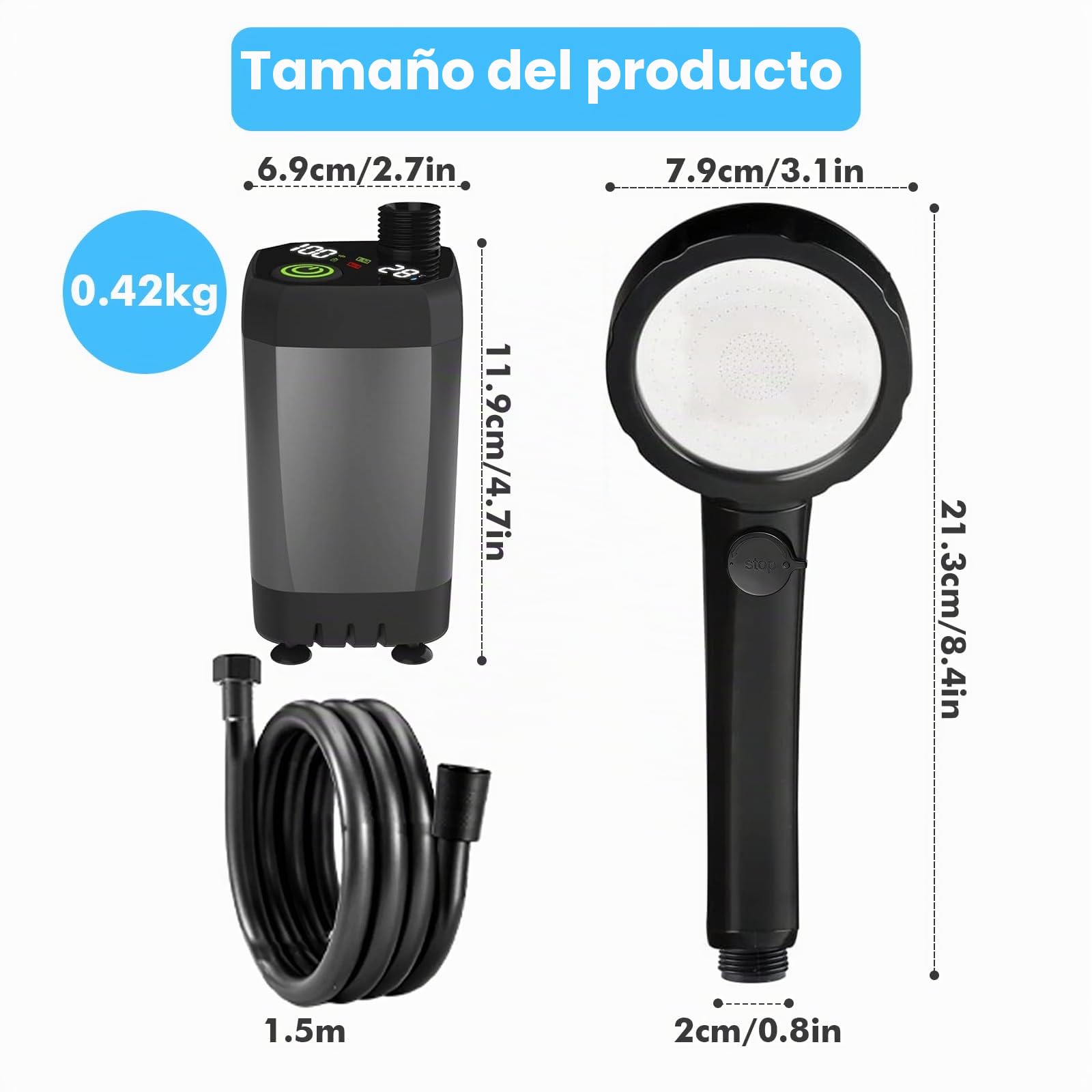 Ducha Portatil de Bomba, Ducha Portatil Camping con Pantalla Digital Inteligente, con Alcachofa, Batería de 6000mAh, para Baño al Aire Libre, Lavado de Coches, Mascotas, Jardín