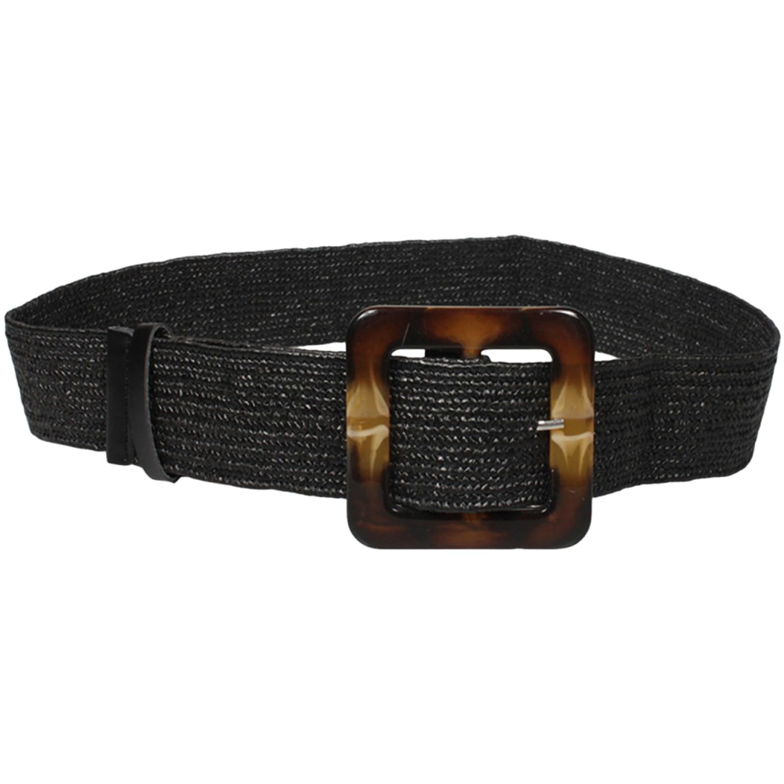 Agutalithic Women's Black Straw Woven Elastic Stretch Belts Boho Raffia Strap 5Cm Wide Braided Waistband With Prong Square Buckle(100Cm/39, )