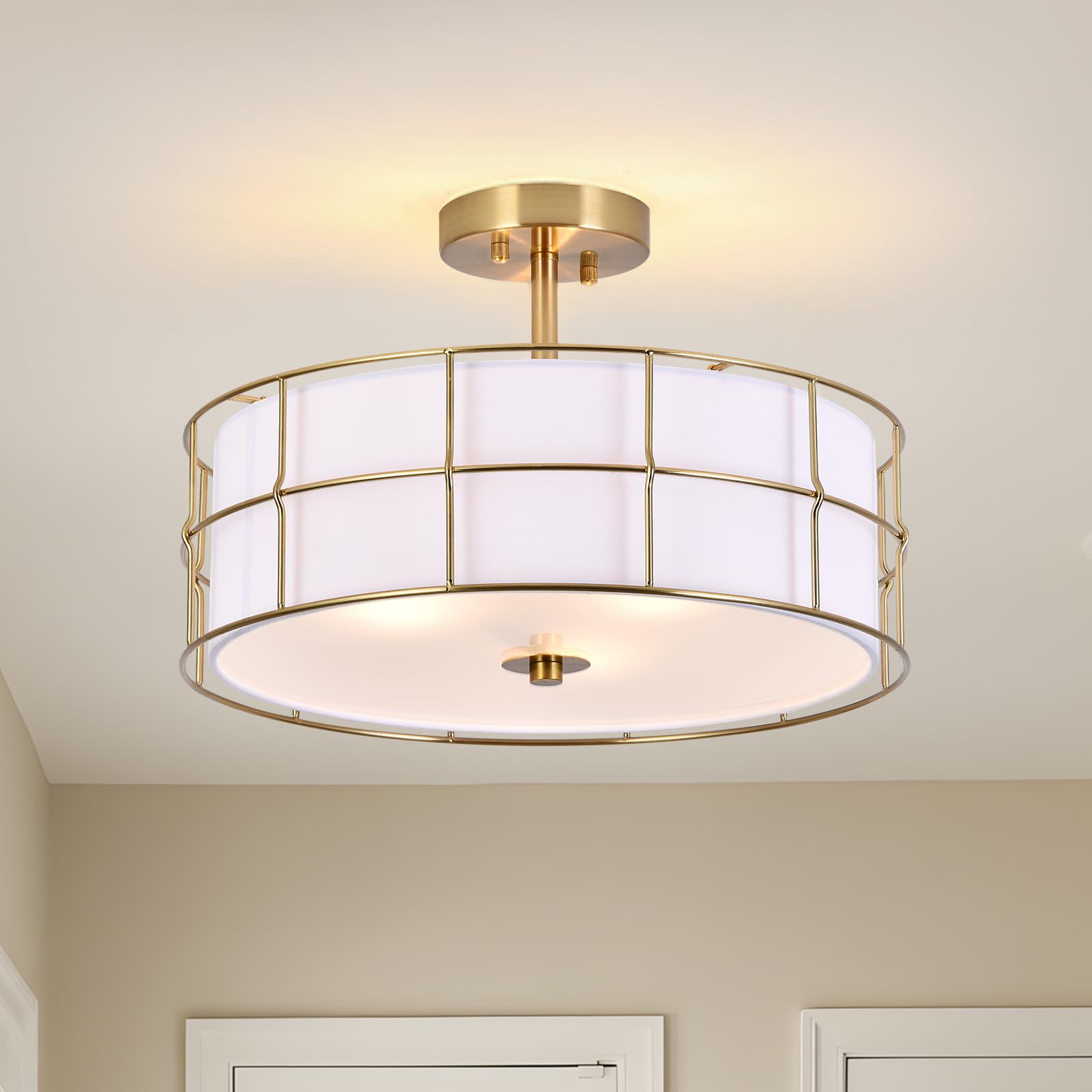 KUSEMBRO Gold Ceiling Light, 3-Light Semi Flush Mount Ceiling Lights, Ø 40cm Fabric Drum Chandelier with E27 Base, Round Gold Chandeliers Ceiling Light for Bedroom Living Room Kitchen Hallway