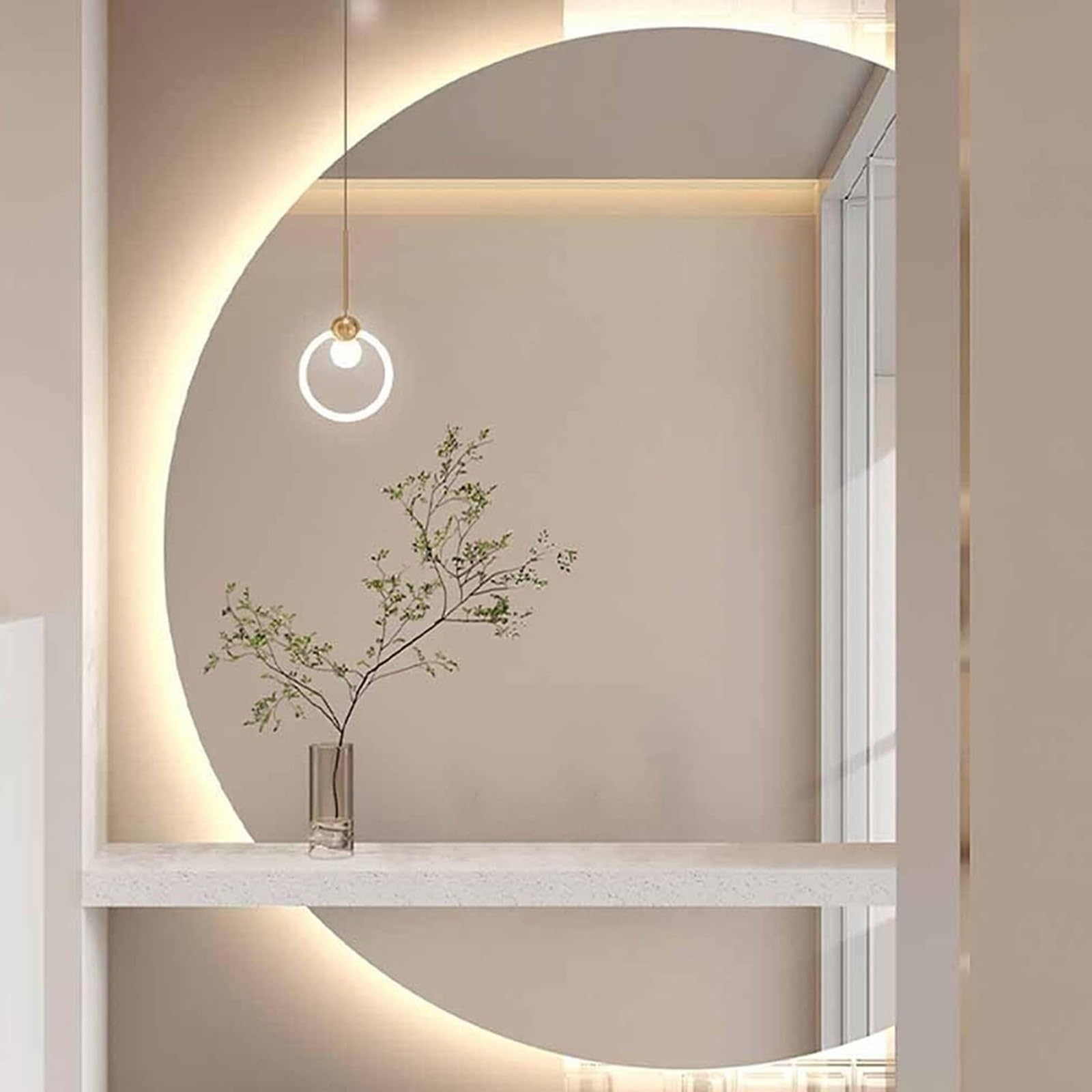 SXFSDOU 3-Color Dimmable Modern Bathroom Mirror 39x28in, 47x32in Half Moon Backlit Full Length with Defogger Touch Control for Home Decor(Right Cut,90x60cm/35x24in)